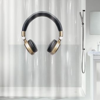 Duschvorhang Spirella Headphone Gold Plastic, aus umweltfreundlichem PEVA-Material (PVC-frei) - Top-Produkte: Wäschekörbe, WC-Deckel, WC-Bürsten, Badezimmerteppiche & mehr - Top-Marken: Kleine Wolke, Wenko, Hansgrohe, Laufen & Co - Fehr Badshop Schweiz