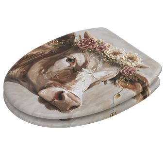 WC-Sitz Sanilo Berta mit Kuhkopf und Blumenkranz in Brauntönen - aus Holz - Easy-Clean-Funktion und Absenkautomatik - Fehr Badshop Schweiz