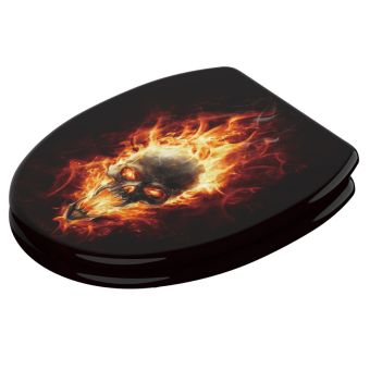 WC-Sitz Sanilo Totenkopf in Flammen auf schwarzem Hintergrund - aus Holzfaserplatten - mit Absenkautomatik - Fehr Badshop Schweiz