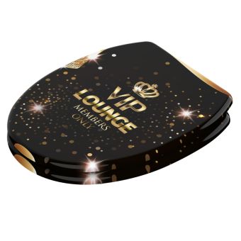 WC-Sitz Sanilo VIP schwarz mit goldenem „VIP Lounge Members Only“ Motiv aus Holzfaserplatten - mit Absenkautomatik und Easy-Cleaning-Funktion - Fehr Badshop Schweiz