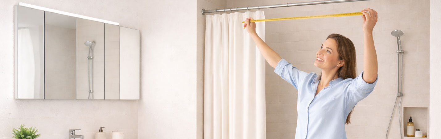 Frau misst Duschvorhangstange im Badezimmer für Duschvorhang auf Mass Frau misst Duschvorhangstange im Badezimmer für Duschvorhang auf Mass