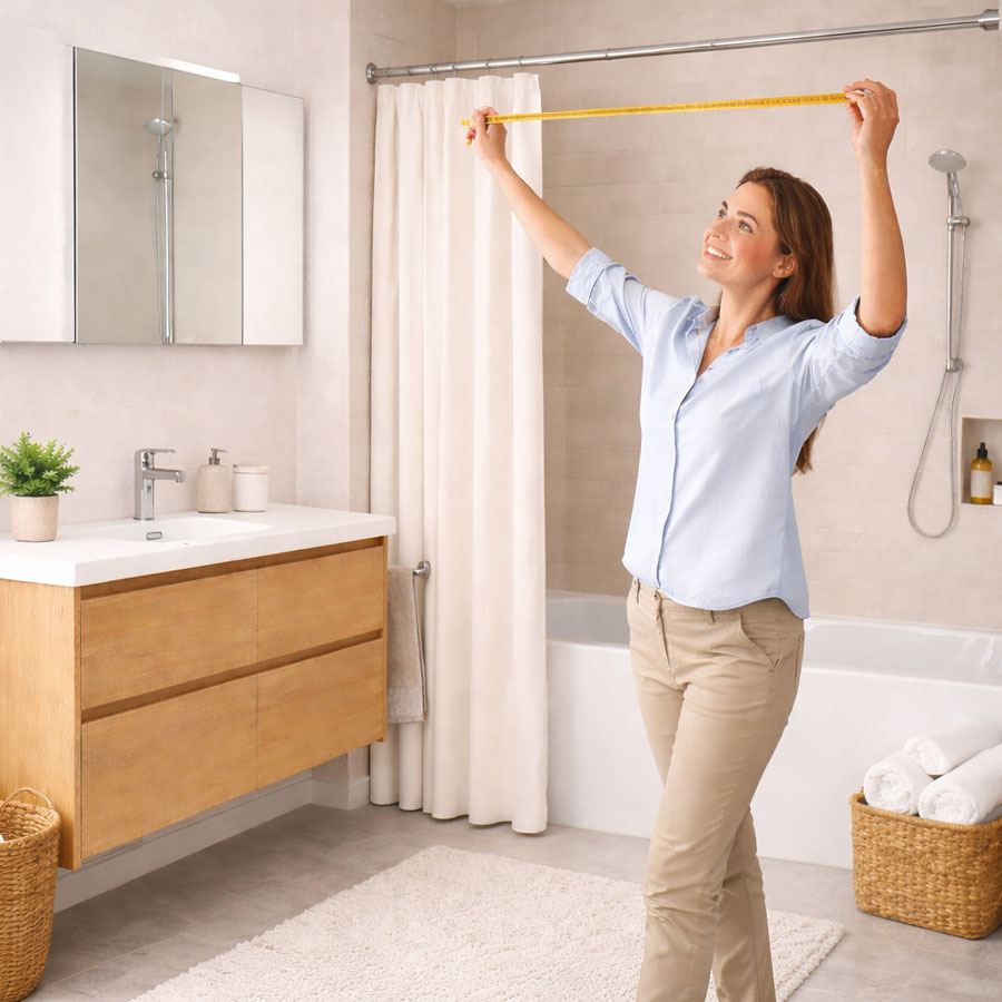 Frau misst Duschvorhangstange im Badezimmer für Duschvorhang auf Mass Frau misst Duschvorhangstange im Badezimmer für Duschvorhang auf Mass