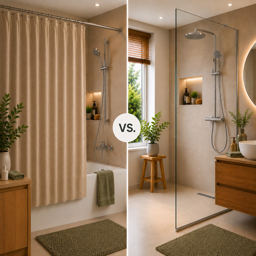 Vergleich Duschvorhang vs. Glaswand im modernen Badezimmer Vergleich Duschvorhang vs. Glaswand im modernen Badezimmer
