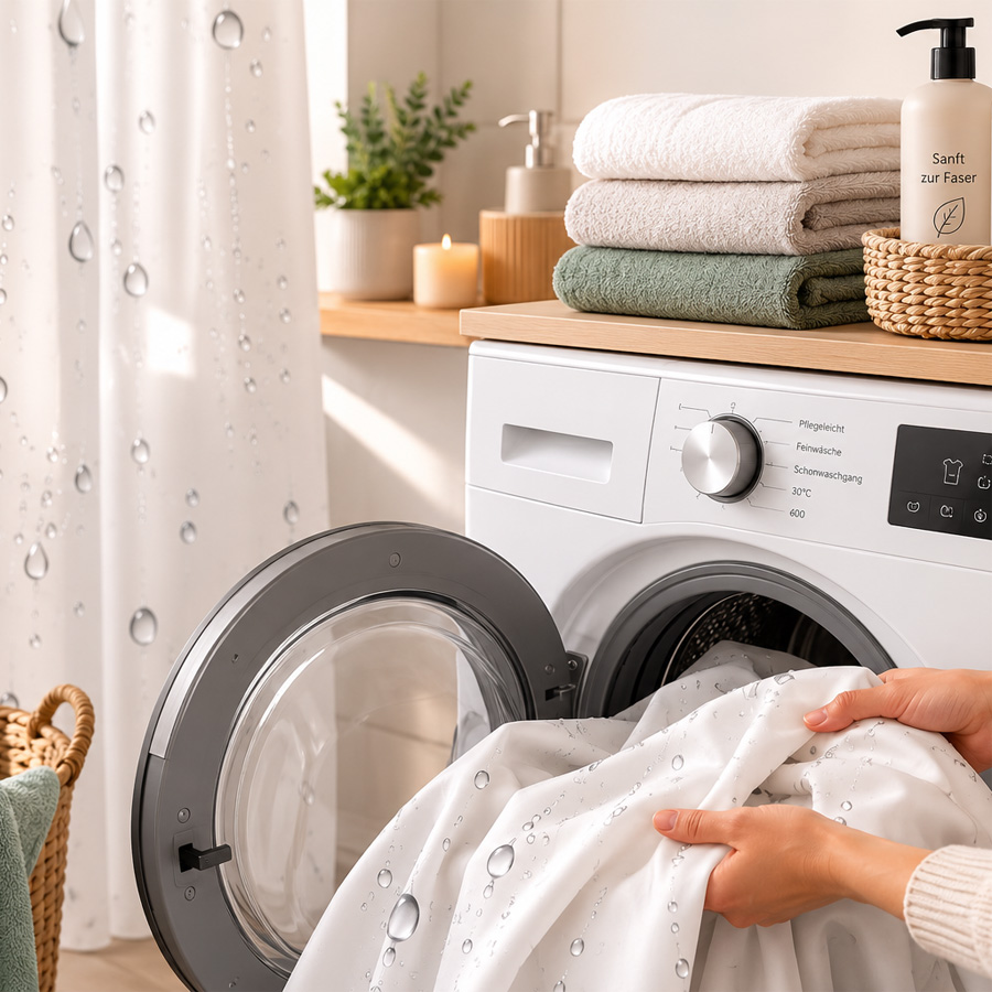 Badezimmer mit freistehender Wanne, grünem Duschvorhang, passendem Badteppich und Handtüchern Badezimmer mit freistehender Wanne, grünem Duschvorhang, passendem Badteppich und Handtüchern