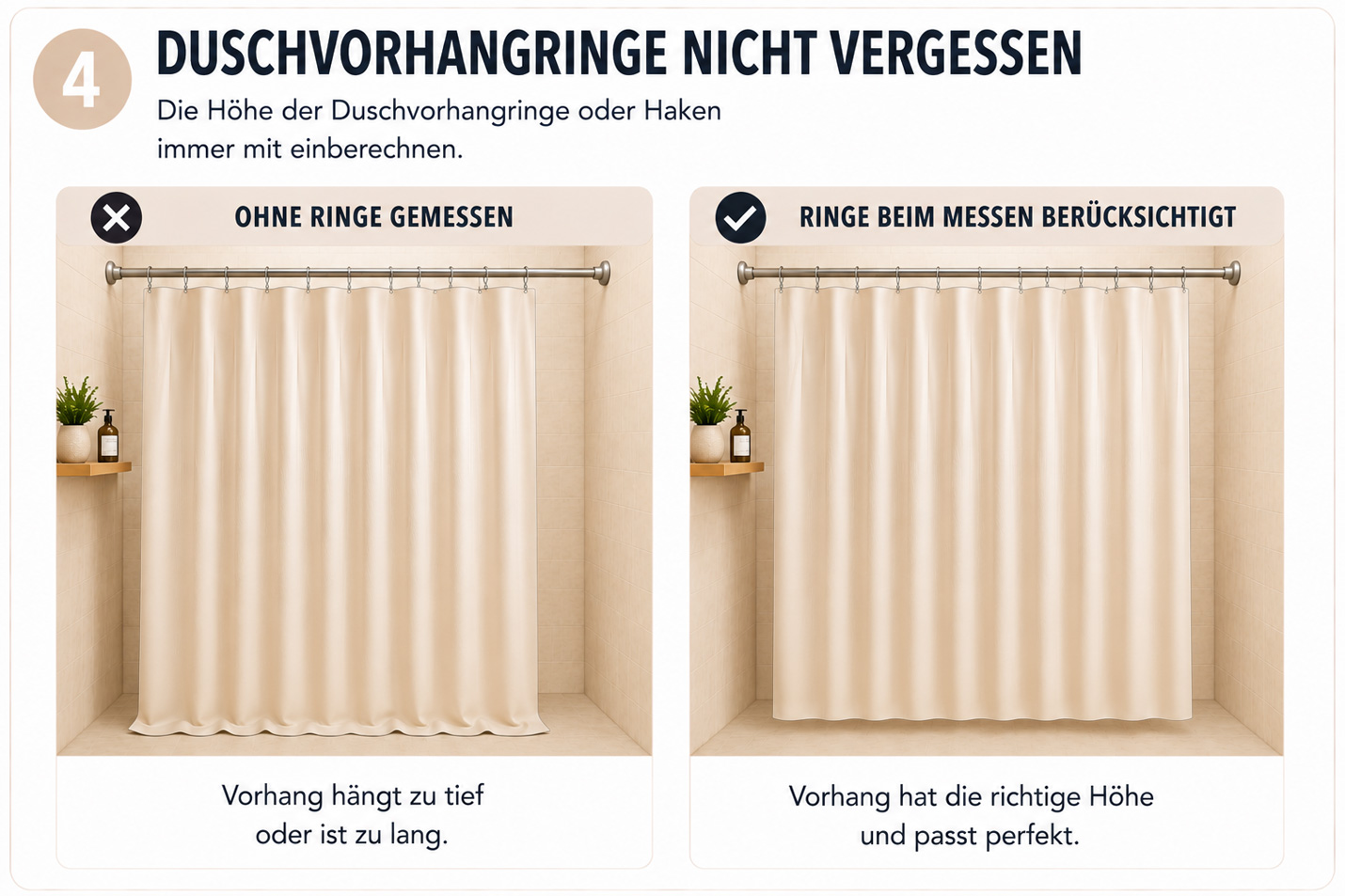 Duschvorhangringe bei der H&ouml;henmessung ber&uuml;cksichtigen &ndash; richtige Duschvorhangh&ouml;he mit Ringen messen