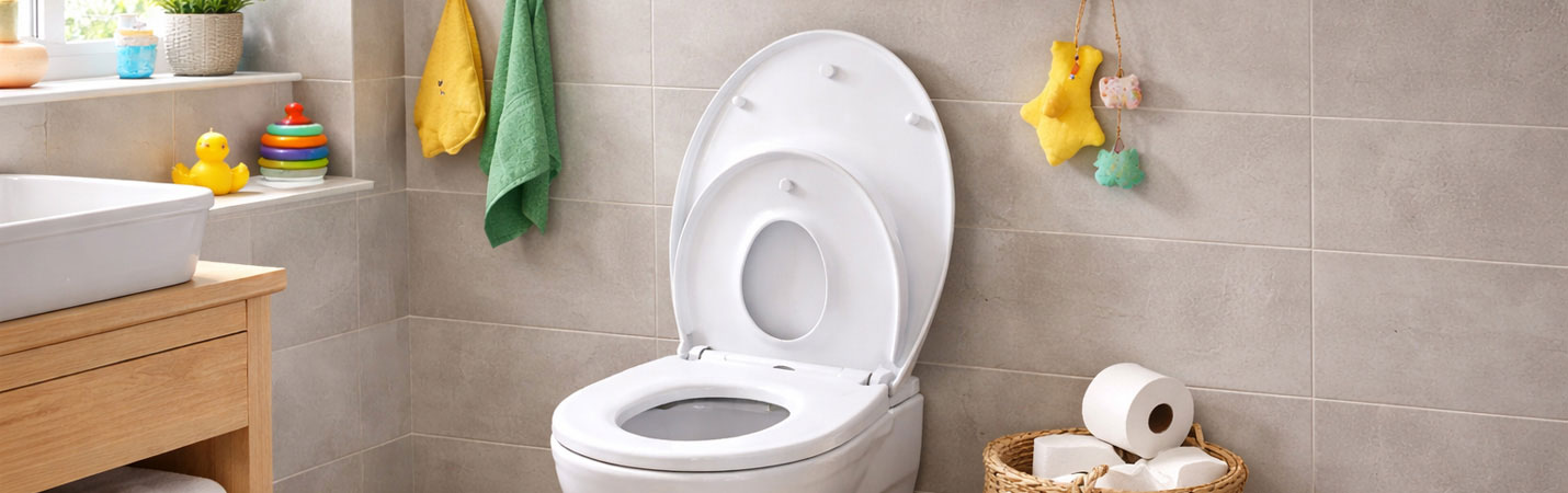 Familienbad mit WC und integriertem Kinder-WC-Sitz in heller, freundlicher Badezimmergestaltung