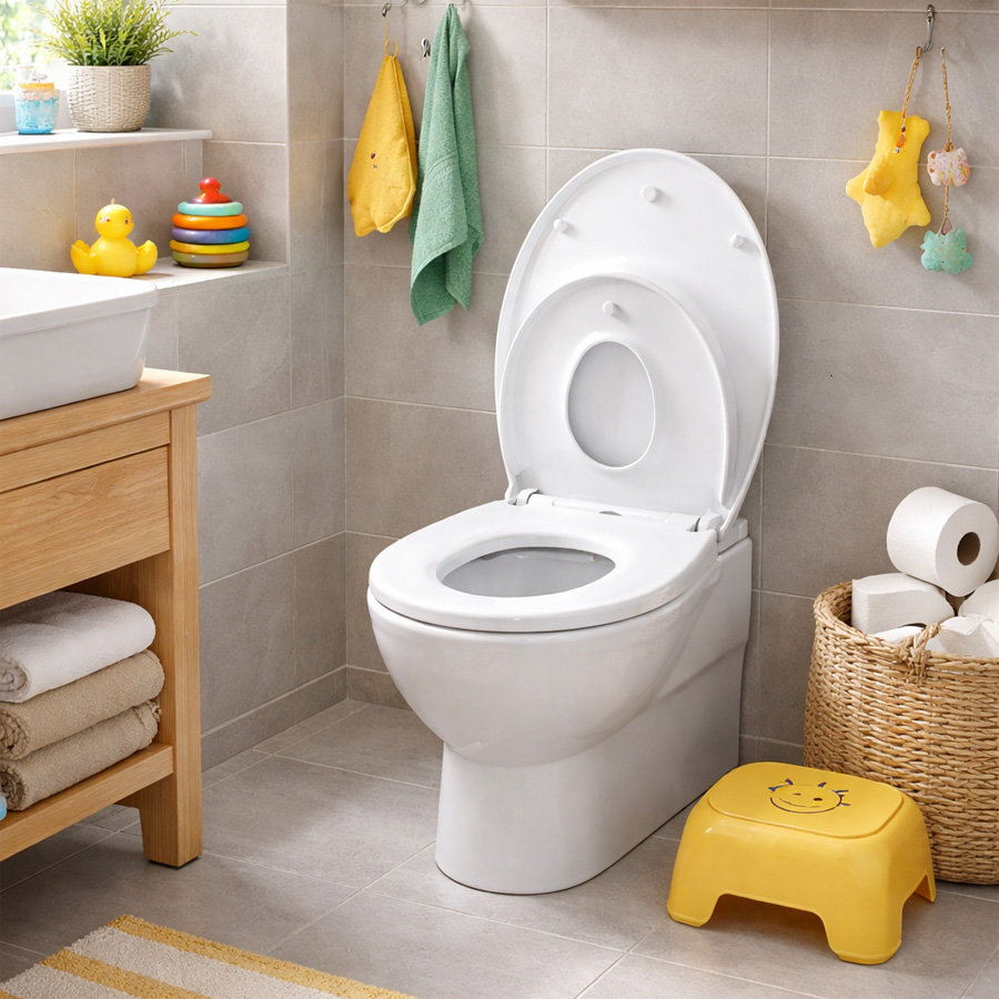 Familienbad mit WC und integriertem Kinder-WC-Sitz in heller, freundlicher Badezimmergestaltung